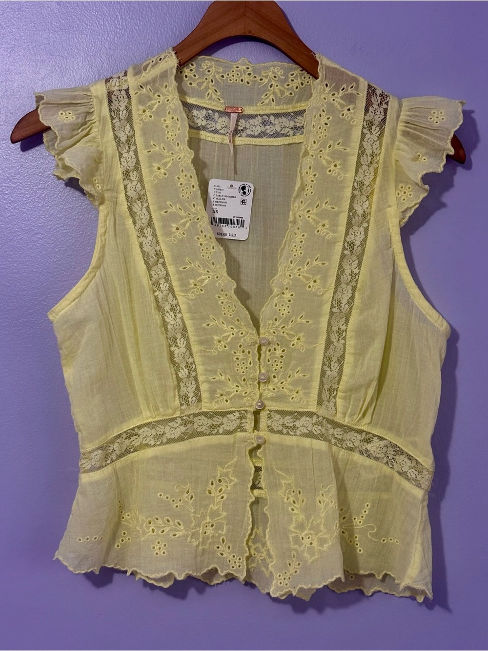 NWT Free People Day Dreamer EARLY BLOOMER YELLOW Embroidered Eyelet Lace Top XS - Picture 1 of 6